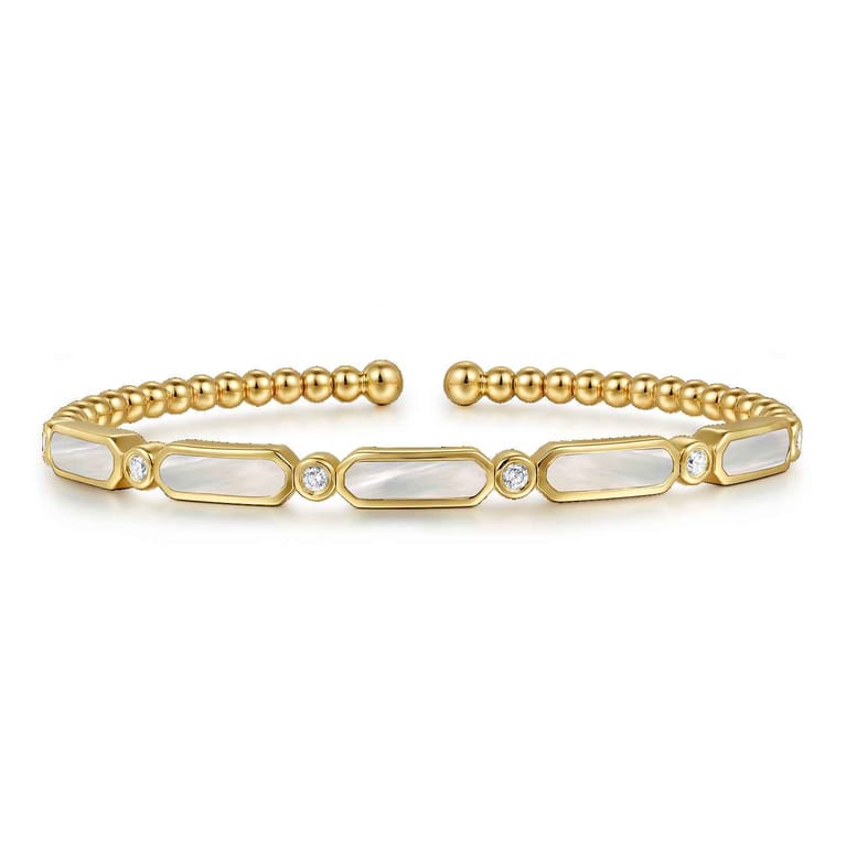 14K Yellow Gold Diamond and White Mother Pearl Bangle - 0.21 ct - Shot 1