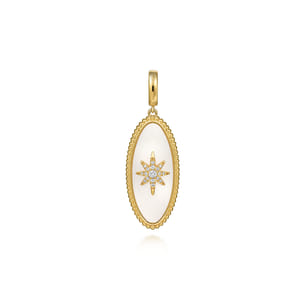 14K Yellow Gold Diamond and White Mother of Pearl Bujukan Oval Shape Medallion Pendant With Detachable Bail