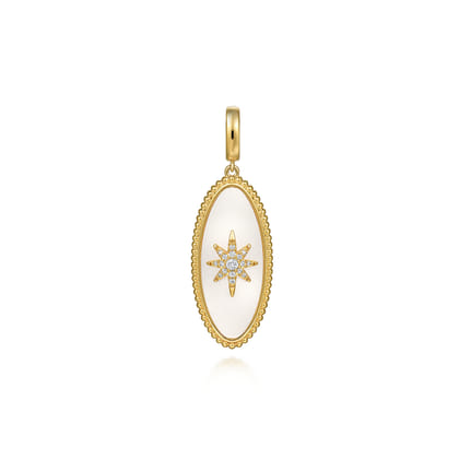 14K Yellow Gold Diamond and White Mother of Pearl Bujukan Oval Shape Medallion Pendant With Detachable Bail