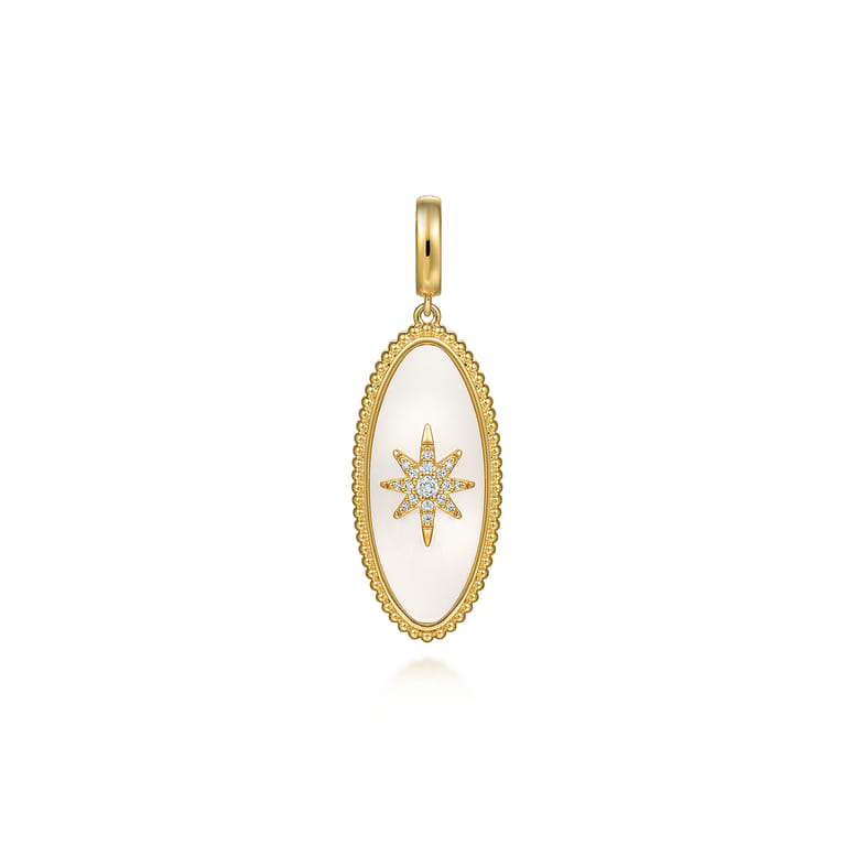 14K Yellow Gold Diamond and White Mother of Pearl Bujukan Oval Shape Medallion Pendant With Detachable Bail - 0.13 ct - Shot 1