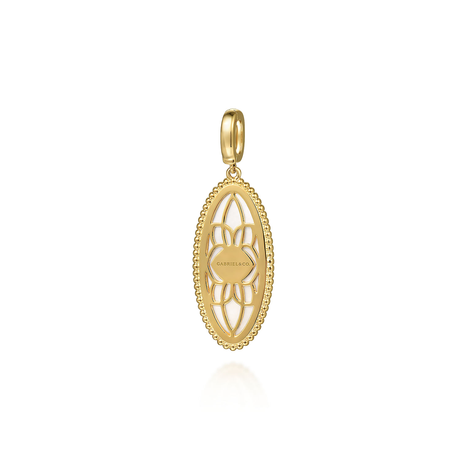 14K Yellow Gold Diamond and White Mother of Pearl Bujukan Oval Shape Medallion Pendant With Detachable Bail