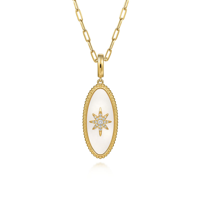 14K Yellow Gold Diamond and White Mother of Pearl Bujukan Oval Shape Medallion Pendant With Detachable Bail - 0.13 ct - Shot 3