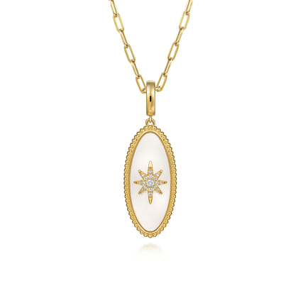 14K Yellow Gold Diamond and White Mother of Pearl Bujukan Oval Shape Medallion Pendant with Detachable Bail