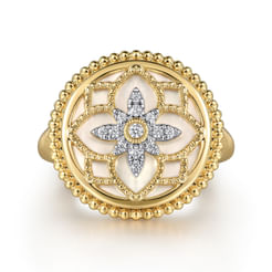 14K Yellow Gold Diamonds and White Mother of Pearl Bujukan Signet Ring