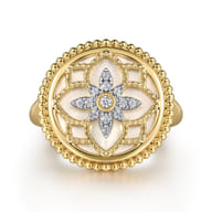 14K Yellow Gold Diamonds and White Mother of Pearl Bujukan Signet Ring