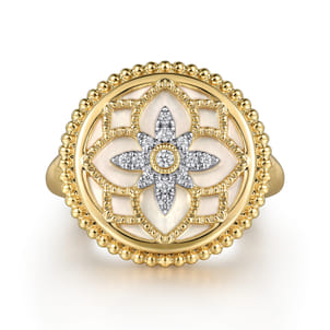 14K Yellow Gold Diamonds and White Mother of Pearl Bujukan Signet Ring