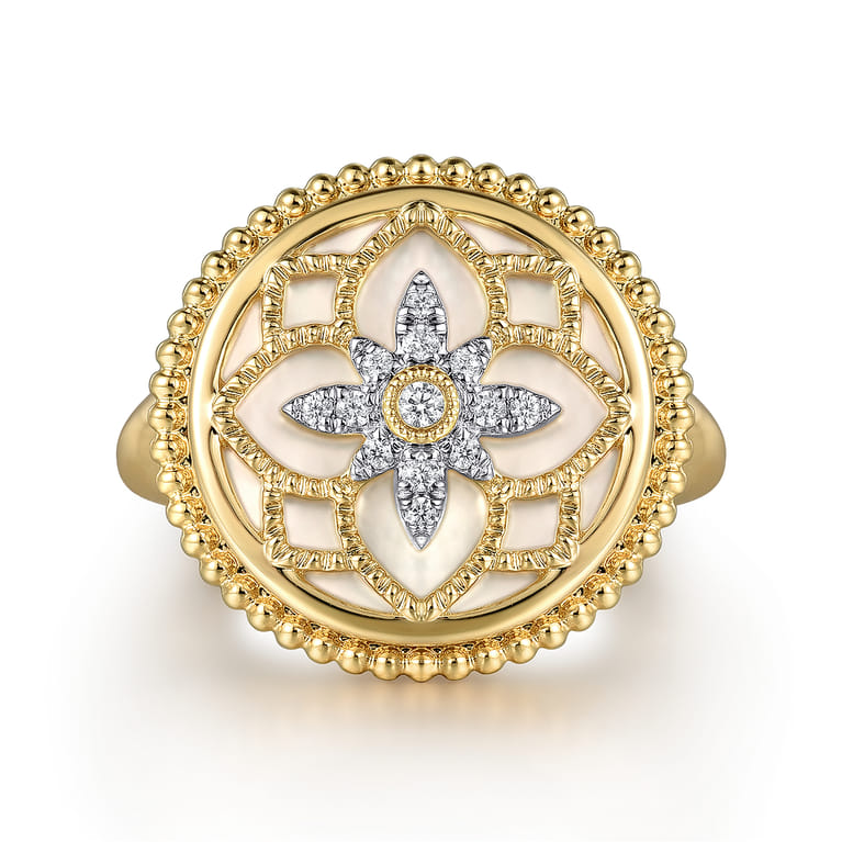 14K Yellow Gold Diamonds and White Mother of Pearl Bujukan Signet Ring - 0.09 ct - Shot 1