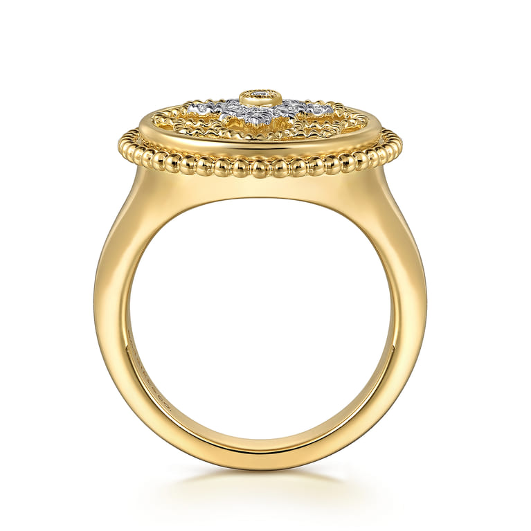 14K Yellow Gold Diamonds and White Mother of Pearl Bujukan Signet Ring - 0.09 ct - Shot 2