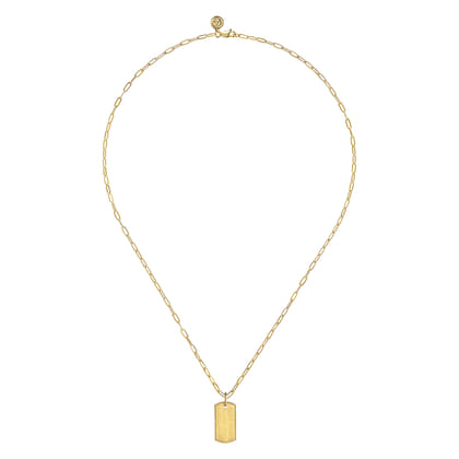 14K Yellow Gold Dog Tag Pendant Hollow Chain Necklace