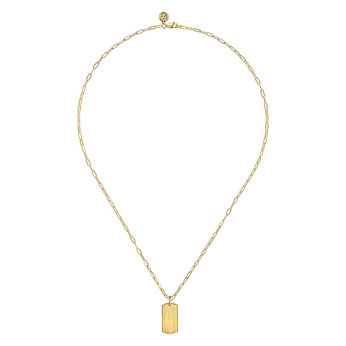 14K Yellow Gold Dog Tag Pendant Hollow Chain Necklace - Shot 2