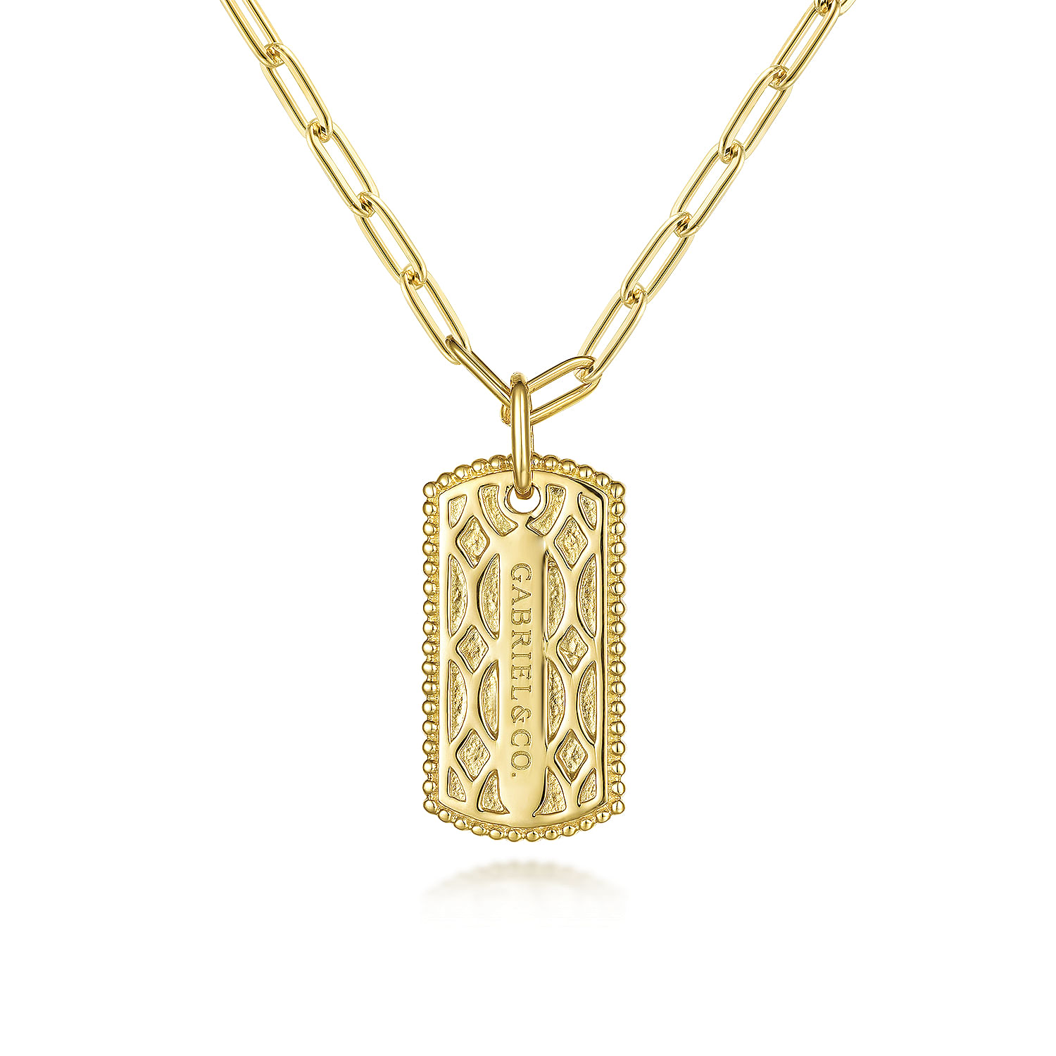 14K Yellow Gold Dog Tag Pendant Hollow Chain Necklace