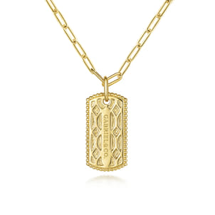 14K Yellow Gold Dog Tag Pendant Hollow Chain Necklace