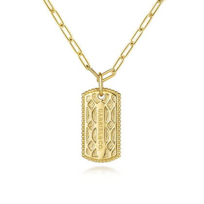 14K Yellow Gold Dog Tag Pendant Hollow Chain Necklace