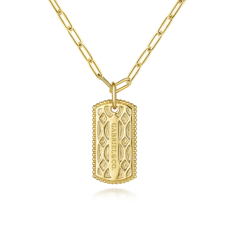 14K Yellow Gold Dog Tag Pendant Hollow Chain Necklace - Shot 4