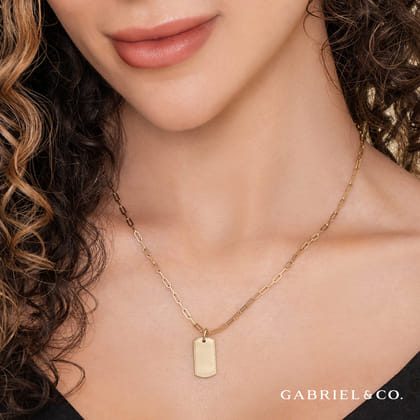 14K Yellow Gold Dog Tag Pendant Hollow Chain Necklace