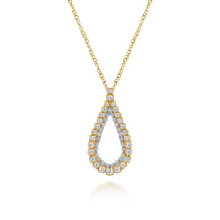 14K Yellow Gold Double Row Diamond Tear Drop Pendant Necklace