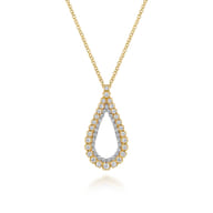 14K Yellow Gold Double Row Diamond Tear Drop Pendant Necklace