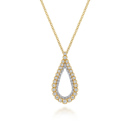 14K Yellow Gold Double Row Diamond Tear Drop Pendant Necklace