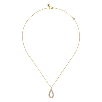 14K Yellow Gold Double Row Diamond Tear Drop Pendant Necklace