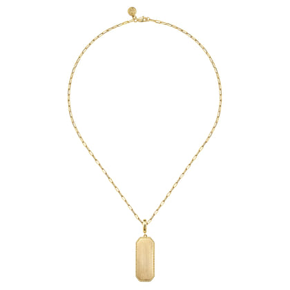 14K Yellow Gold Elongated Dog Tag Pendant Hollow Chain Necklace