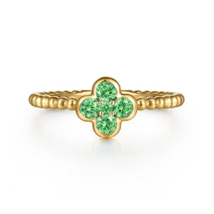 14K Yellow Gold Emerald Cluster Clover and Bujukan Bead Stackable Ring