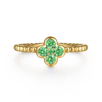 14K Yellow Gold Emerald Cluster Clover and Bujukan Bead Stackable Ring