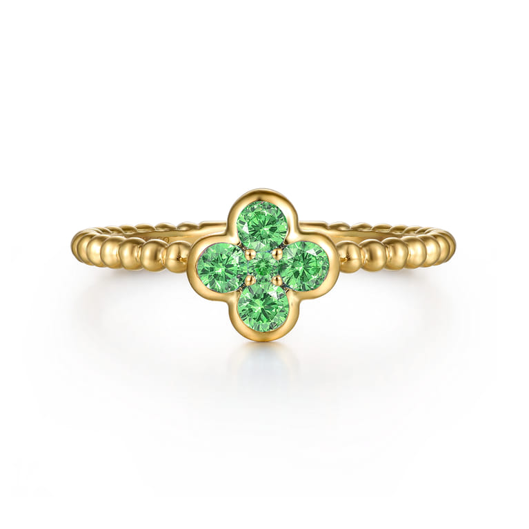 14K Yellow Gold Emerald Cluster Clover and Bujukan Bead Stackable Ring - Shot 1