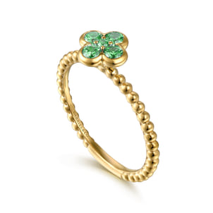 14K Yellow Gold Emerald Cluster Clover and Bujukan Bead Stackable Ring