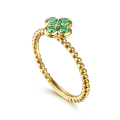 14K Yellow Gold Emerald Cluster Clover and Bujukan Bead Stackable Ring