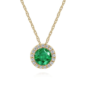 14K Yellow Gold Emerald and Diamond Halo Pendant Necklace