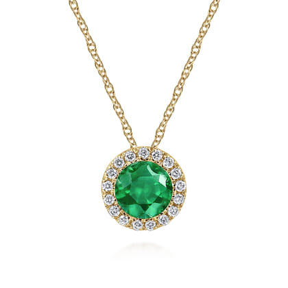 14K Yellow Gold Emerald and Diamond Halo Pendant Necklace