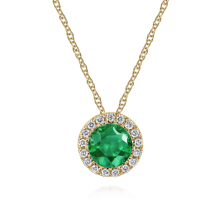 14K Yellow Gold Emerald and Diamond Halo Pendant Necklace - 0.07 ct - Shot 1