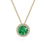 14K Yellow Gold Emerald and Diamond Halo Pendant Necklace - 0.07 ct