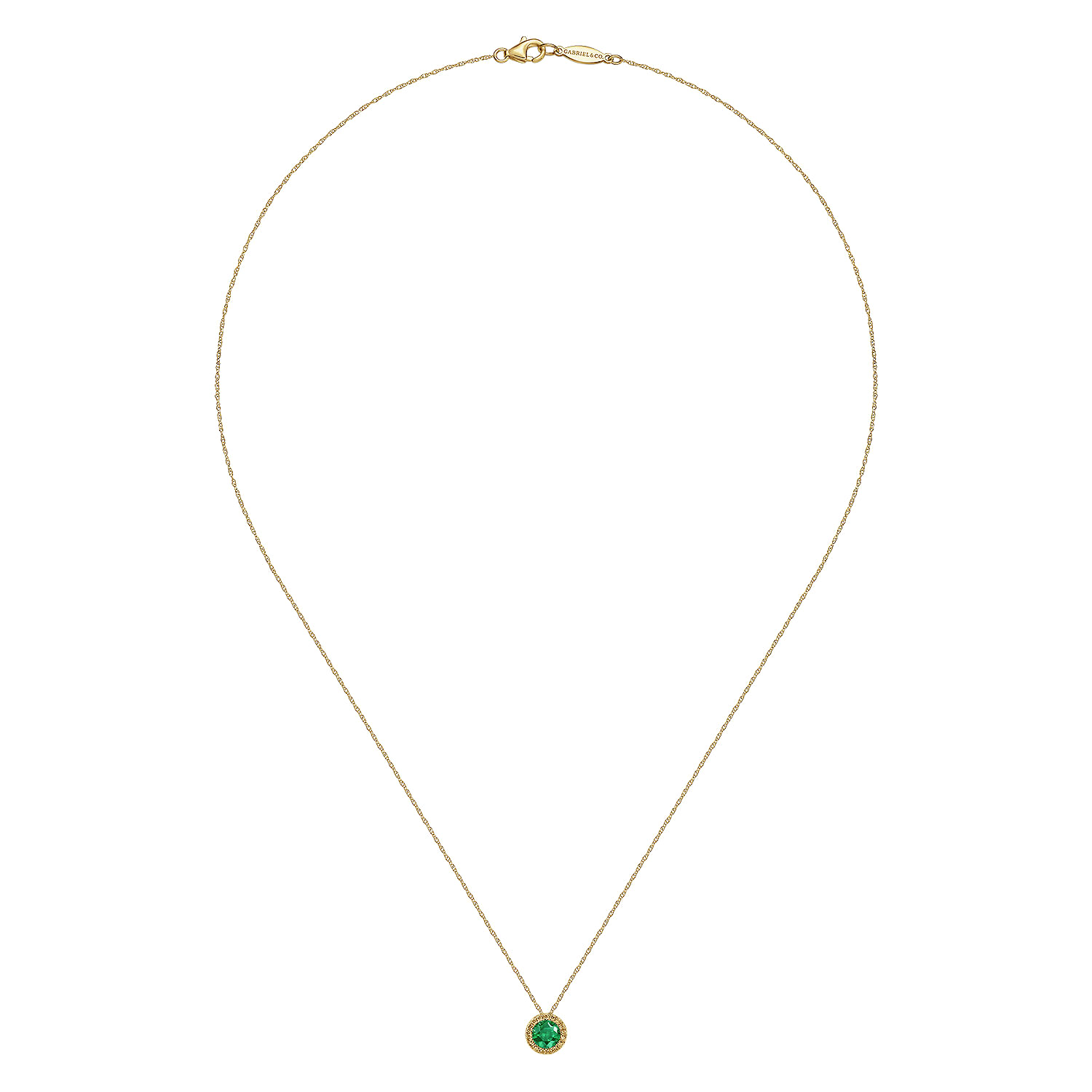 14K Yellow Gold Emerald and Diamond Halo Pendant Necklace