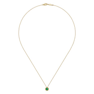 14K Yellow Gold Emerald and Diamond Halo Pendant Necklace