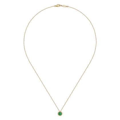 14K Yellow Gold Emerald and Diamond Halo Pendant Necklace