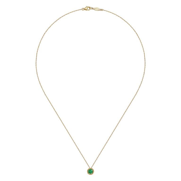 14K Yellow Gold Emerald and Diamond Halo Pendant Necklace - 0.07 ct - Shot 2