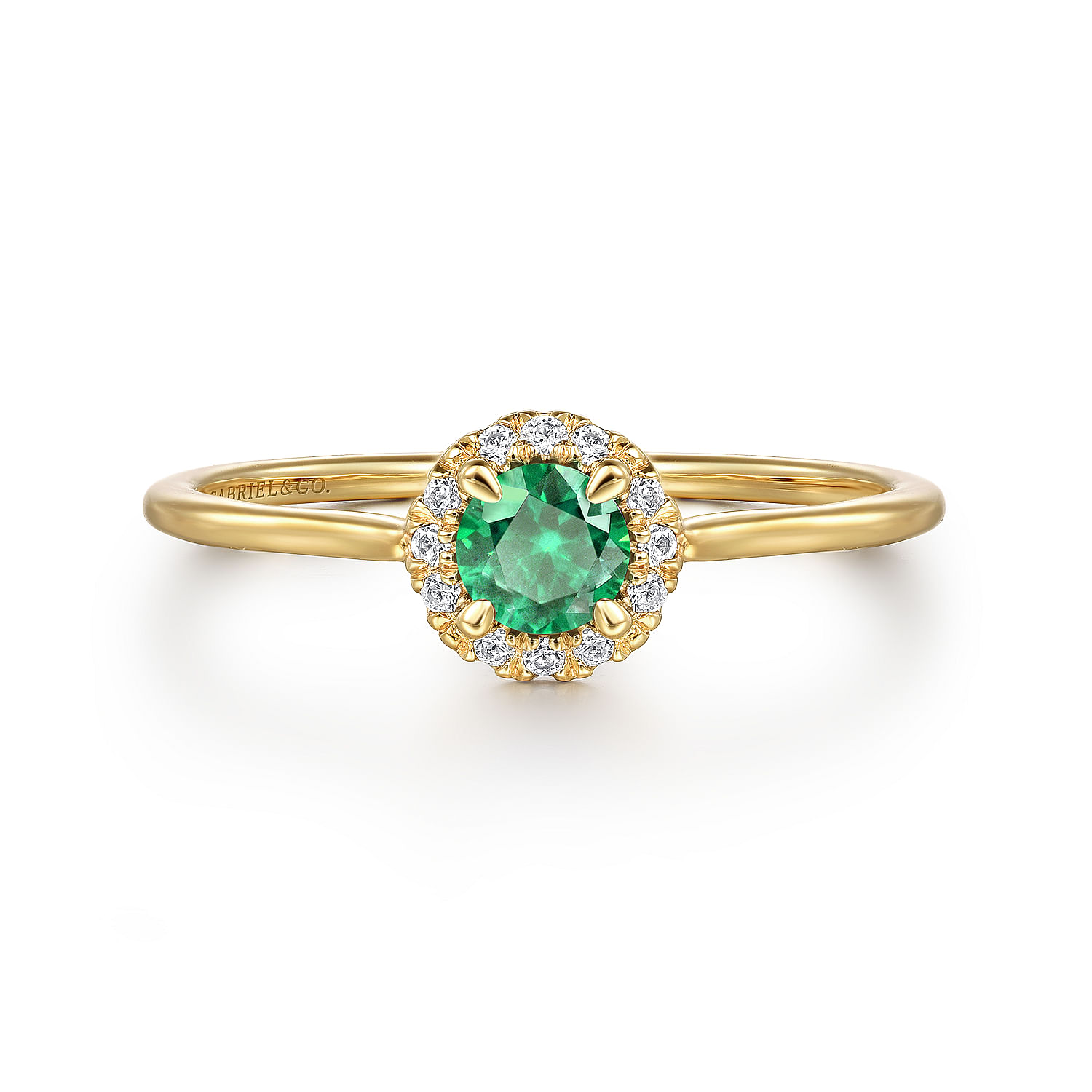 14K Yellow Gold Emerald and Diamond Halo Promise Ring