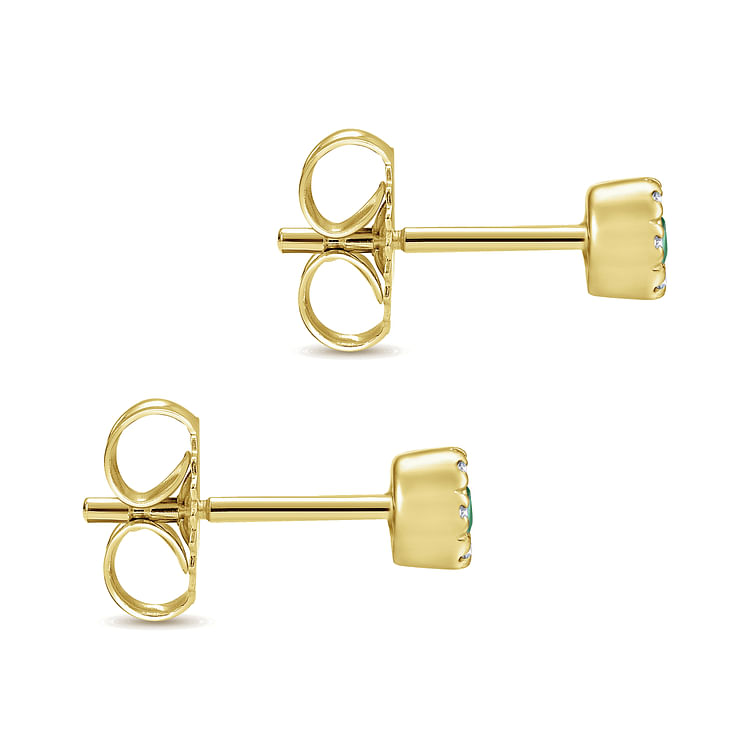 14K Yellow Gold Emerald and Diamond Halo Stud Earrings
