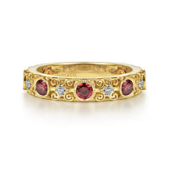 14K Yellow Gold Filligree Garnet and Diamond Stackable Ring