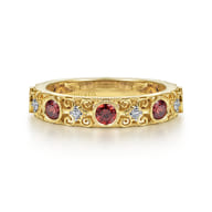 14K Yellow Gold Filligree Garnet and Diamond Stackable Ring