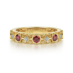 14K Yellow Gold Filligree Garnet and Diamond Stackable Ring