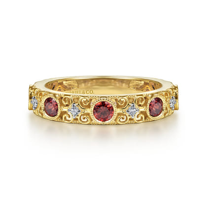14K Yellow Gold Filligree Garnet and Diamond Stackable Ring