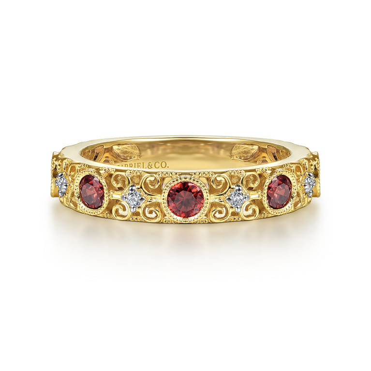 14K Yellow Gold Filligree Garnet and Diamond Stackable Ring - 0.08 ct - Shot 1