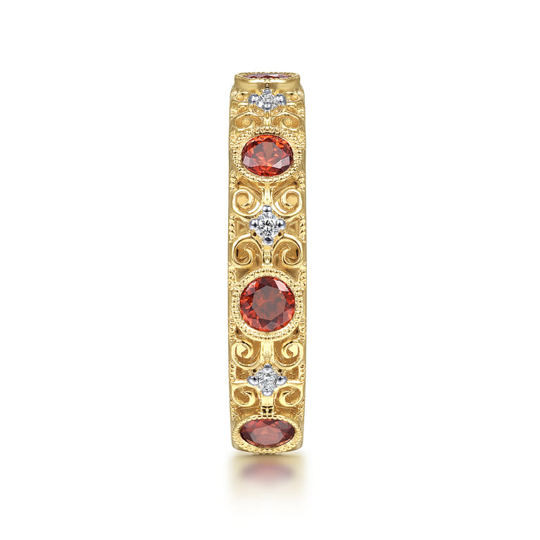 14K Yellow Gold Filligree Garnet and Diamond Stackable Ring - 0.08 ct - Shot 4