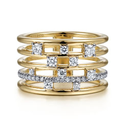 14K Yellow Gold Five Row Diamond Station Ring