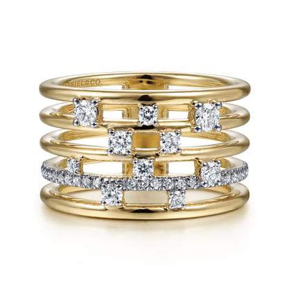 14K Yellow Gold Five Row Diamond Station Ring