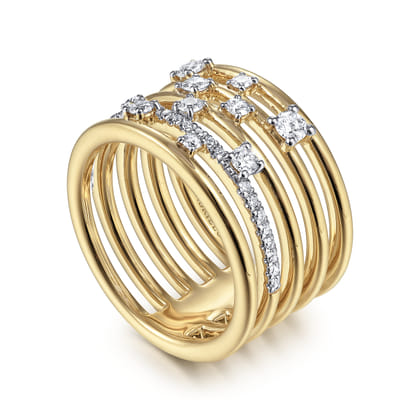 14K Yellow Gold Five Row Diamond Station Ring