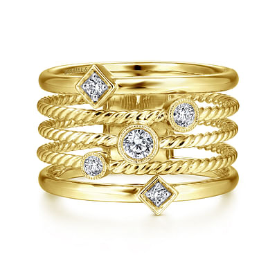 14K Yellow Gold Five Row Twisted Rope and Diamond Station Ring