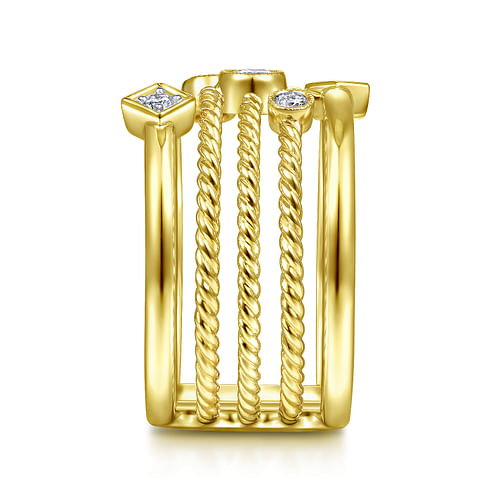 14K Yellow Gold Five Row Twisted Rope and Diamond Station Ring - 0.25 ct - Shot 4